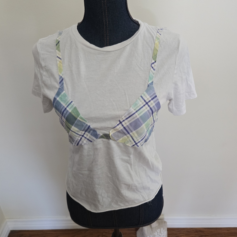 H&M White and Blue Crop Cut Out T-Shirt